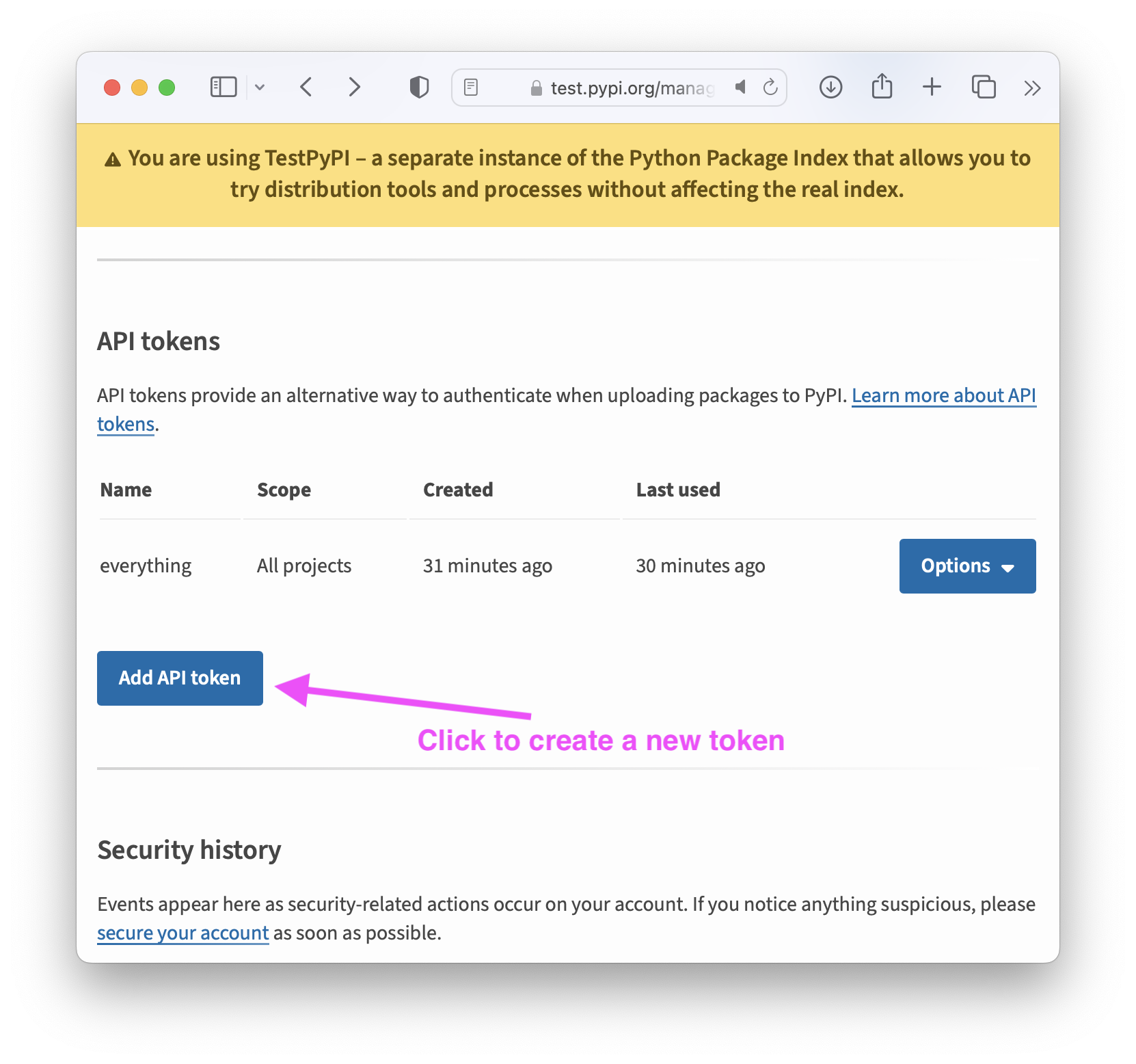 PyPI account settings